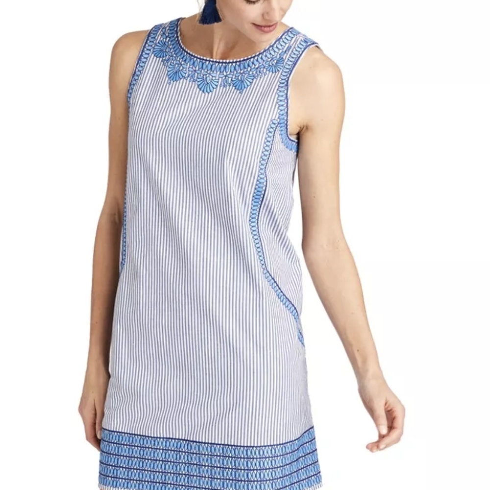 Vineyard Vines Embroidered Cisco Sleeveless Shift Blue And White Striped Dress